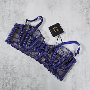 Honey Birdette Celeste Indigo Embroidered Sheer Bra Size 34D